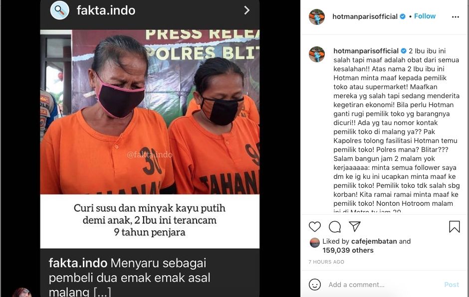 Hotman Paris membela emak-eman yang mencuri susu bayi di Blitar. [Instagram/@hotmanparisofficial]