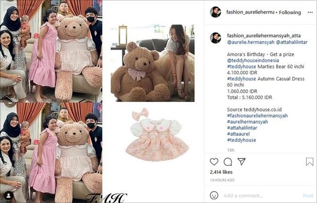 Harga boneka hadiah dari Atta Halilintar dan Aurel Hermansyah untuk putri Krisdayanti, Amora. (Instagram/@fashion_aureliehermansyah_atta)