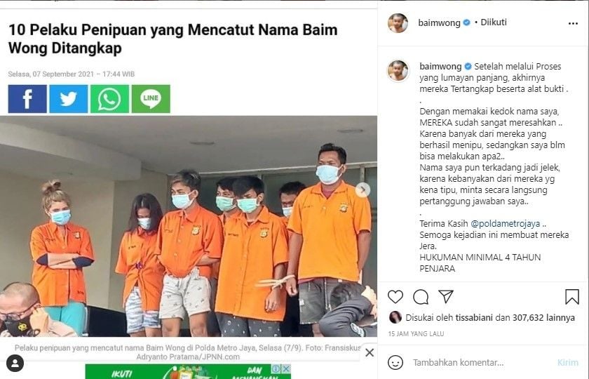 Tersangka penipuan atas nama Baim Wong (Instagram)