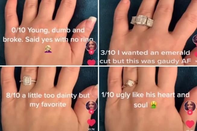 Viral aksi wanita membandingkan cincin dari mantan usai 4 kali gagal menikah. (TikTok)