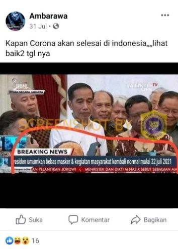 CEK FAKTA Presiden Jokowi Umumkan RI Bebas Masker dan Kegiatan Kembali Normal. (Turnbackhoax.id)