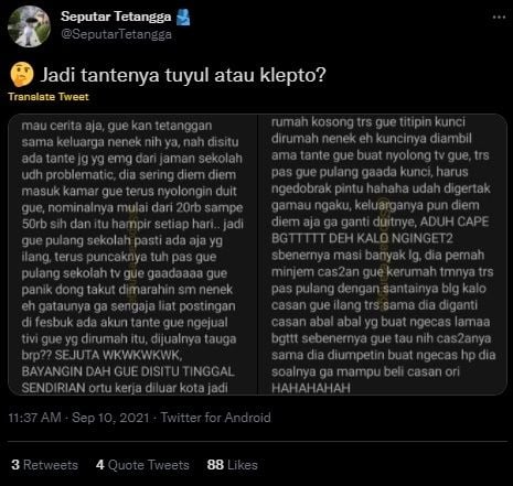 Viral Keponakan Curhat Kelakuan Menjengkelkan Tante. (Twitter/@SeputarTetangga)