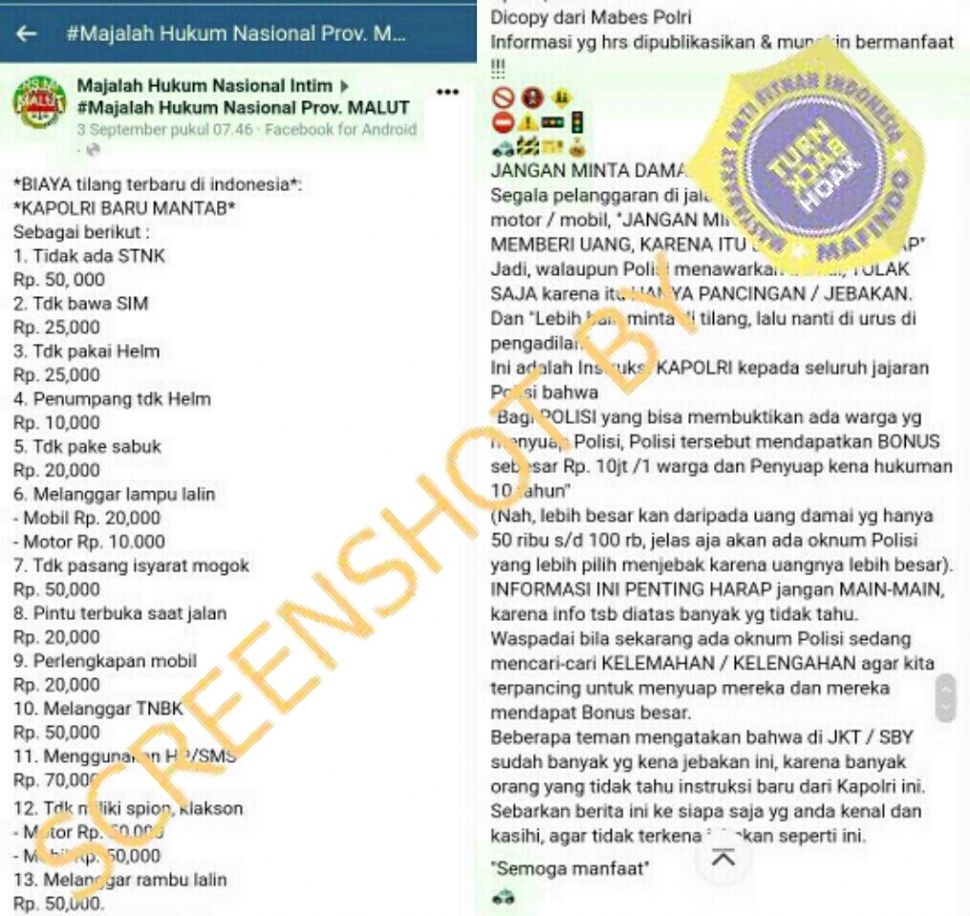 CEK FAKTA Ini Biaya Tilang Terbaru dan Penyuap Polisi Akan Dipenjara 10 Tahun. (Turnbackhoax.id)