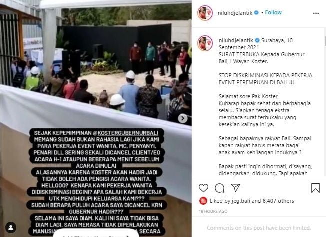 Niluh Djelantik Kritik Gubernur Bali Lewat Surat. (Instagram/@niluhdjlenatik)