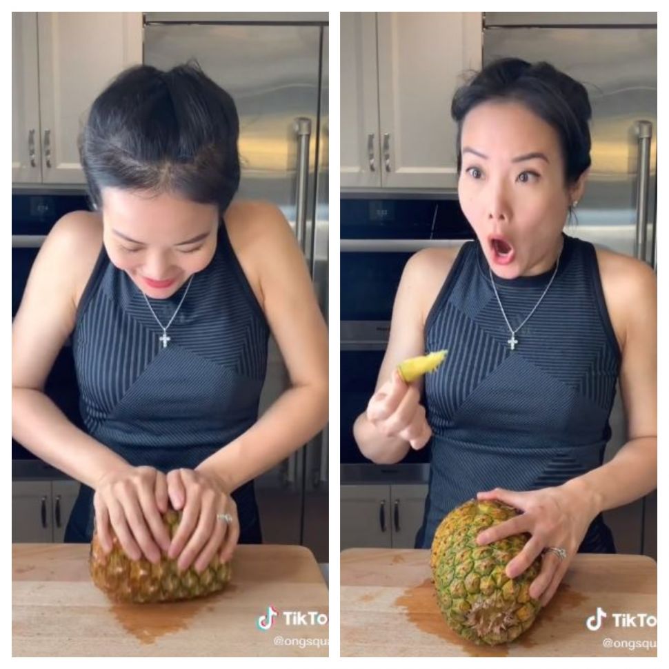 Cara mengupas nanas tanpa pisau. Cara ini dipraktikan oleh seorang perempuan cantik dan diunggahan akun TikTok @ongsquad. 