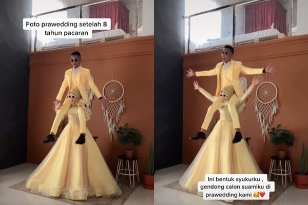 Cewek Gendong Calon Suami di Pundak saat Foto Prewedding. (TikTok)