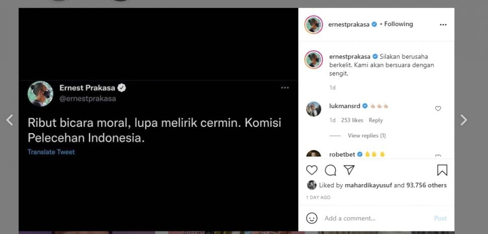 Unggahan Ernest Prakasa yang menyindir KPI [Instagram/@ernestprakasa]