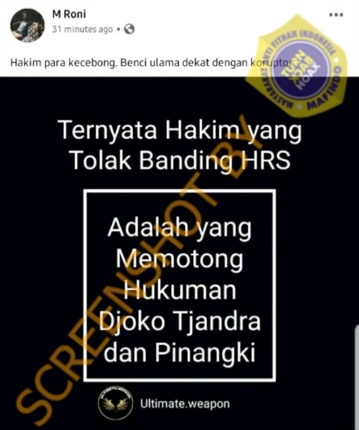 Fakta soal hakim yang menangani perkara Djoko Tjandra sama dengan yang menolak banding HRS. (Turnbackhoax.id)