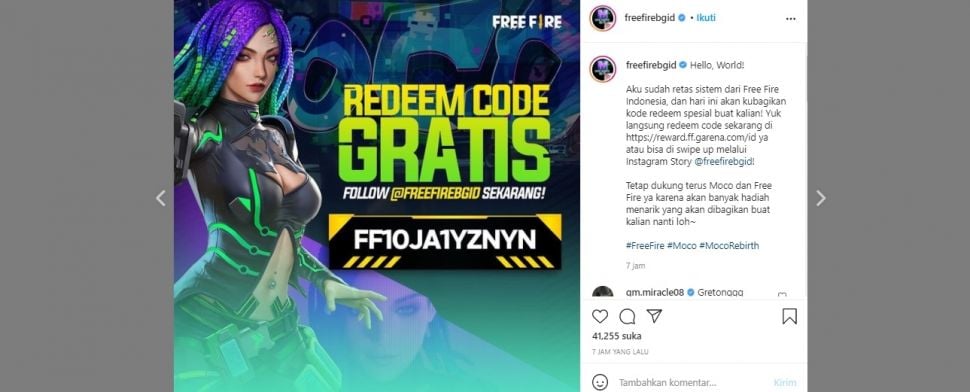 kode redeem FF Free Fire 13 September 2021 (instagram/freefirebgid)