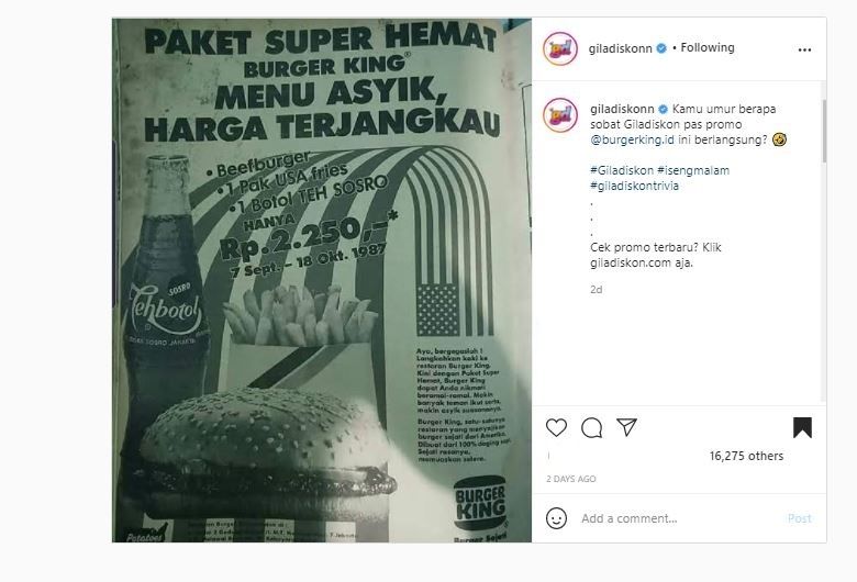 Poster Burger King jadul (Instagram @giladiskonn)