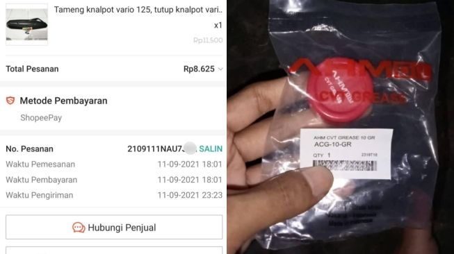 Viral warganet beli tutup knalpot malah dapat gemuk CVT. (Facebook)