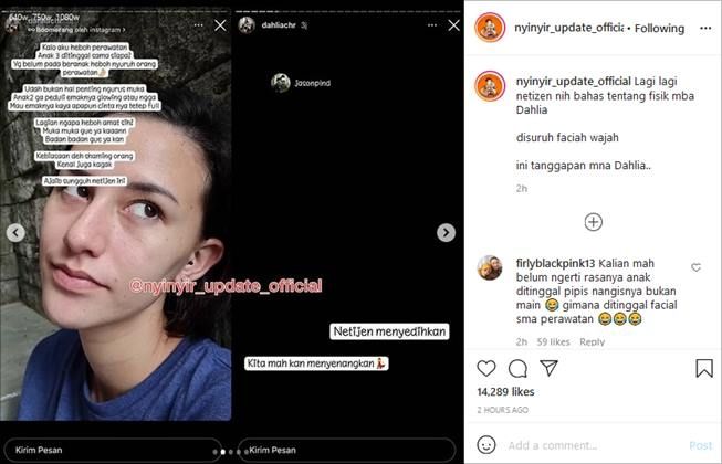 Tanggapan menohok Dahlia Poland usai dinyinyiri netizen soal perawatan wajah. (Instagram/@nyinyir_update_official)