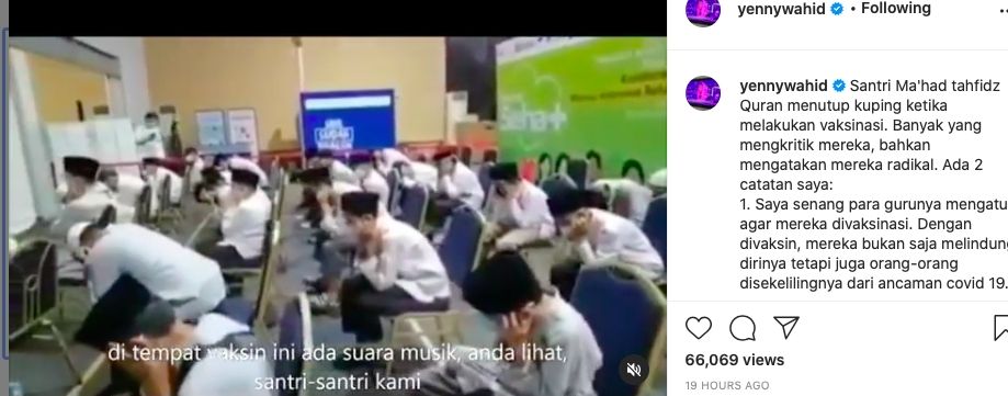 Unggahan Yenni Wahid soal santri tutup kuping dengar lagu barat [instagram]