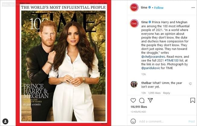 Pangeran Harry dan Meghan Markle di sampul majalah Time, (Instagram/@time)