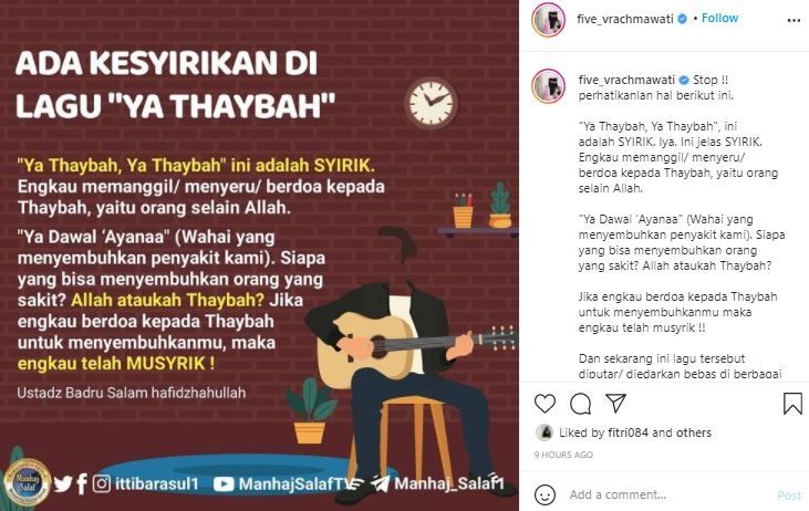 Five Vi sepakat lagu Ya Thoybah haram. (Instagram/@five_virachmawati)