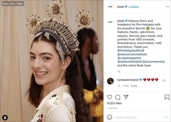 Hiasan kepala penyanyi Lorde di acara Met Gala 2021, Senin (13/9/2021). (Instagram/@bode)