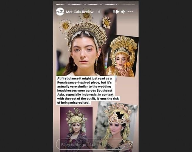 Hiasan kepala penyanyi Lorde di Met Gala 2021 disebut mirip pengantin Indonesia. (Instagram/@diet_prada)