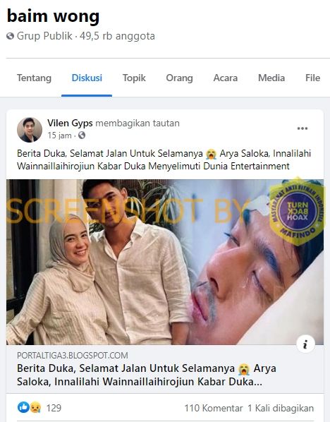 CEK FAKTA Beredar Kabar Duka Selamat Jalan Selamanya Arya Saloka. (Turnbackhoax.id)