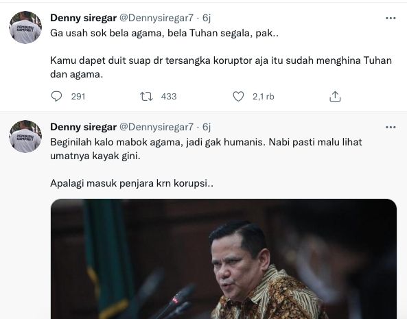 Denny Siregar memberikan sindiran Irjen Napoleon Bonaparte yang menghahar Muhammad Kece di Rutan Bareskrim. [Twitter]