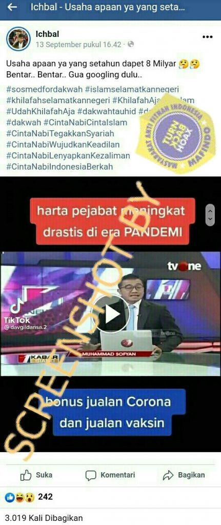 Fakta soal narasi yang menyebutkan harta pejabat naik drastis karena bonus penjualan vaksin corona. (Turnbackhoax.id)