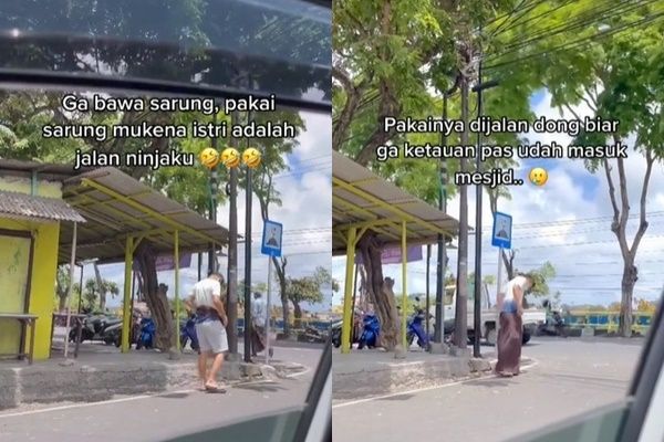 Suami Lupa Bawa Sarung Saat Mau Salat, Jurus Ninja Pakai Mukena Istri Bikin Melongo. (TikTok/@mikakenkai)