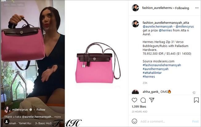 Harga hadiah tas mewah Millen Cyrus dari Atta Halilintar dan Aurel Hermansyah. (Instagram/@fashion_aureliehermansyah_atta)