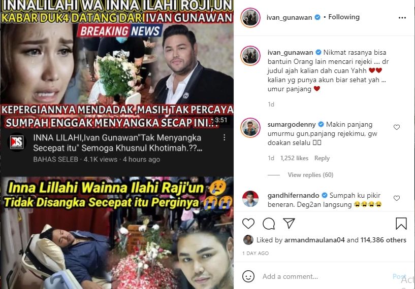 Unggahan Ivan Gunawan soal postingan salah satu akun mengenai kabar duka darinya [Instagram/@ivan_gunawan]