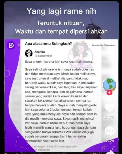 Pengakuan suami selingkuhi istri. (Twitter/AREAJULID)