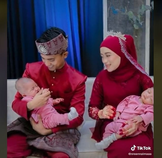 Viral Pasangan Pengantin Bawa Anak Kembar saat Resepsi (tiktok.com/@nreennaimaaa)