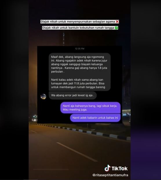 Viral Pria Ajak Nikah untuk Penuhi Kebutuhan Rumah Tangga (tiktok.com/@ritaseptitantiamufra)