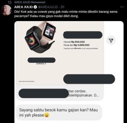 Viral Cowok Minta Dibelikan Smartwatch Begitu Pacar Gajian. (Twitter/@AREAJULID)