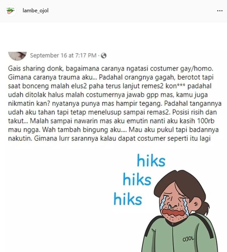 Viral curhatan ojol dapat penumpang penyuka sesama jenis. (Instagram/@lambe_ojol)