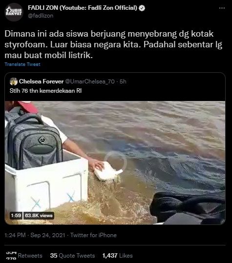 Fadli Zon Syok Lihat Video Siswa Menyeberang Sungai Pakai Styrofoam. (Twitter/@fadlizon)