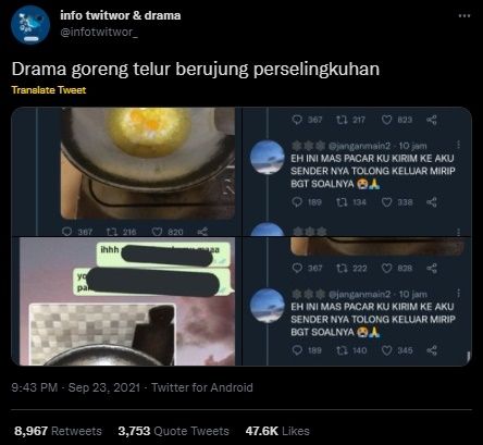 Viral Drama Goreng Telur Ceplok Bikin Perselingkuhan Terbongkar. (Twitter/@infotwitwor_)