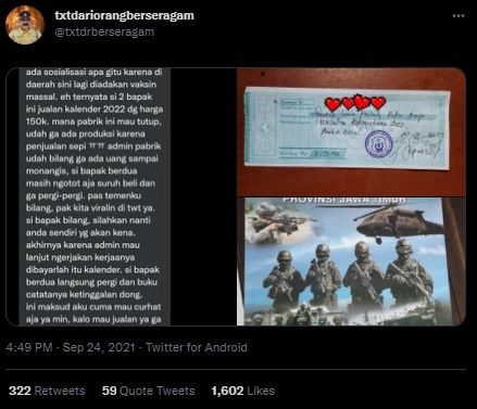 Viral Diduga Oknum Polisi Paksa Karyawan Pabrik Beli Kalender 2022. (Twitter/@txtdrberseragam)