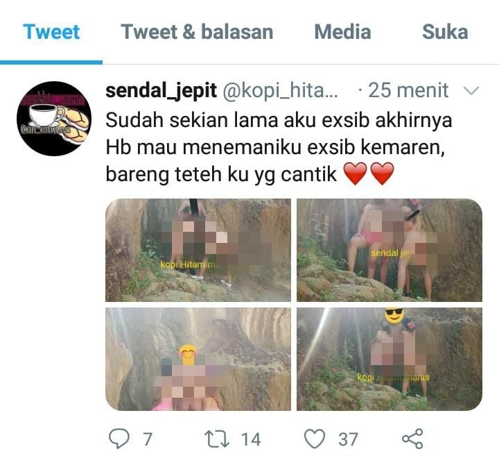 Tangkapan layar  dua wanita bugil dengan satu pria di Tebing Koja. [Twitter]