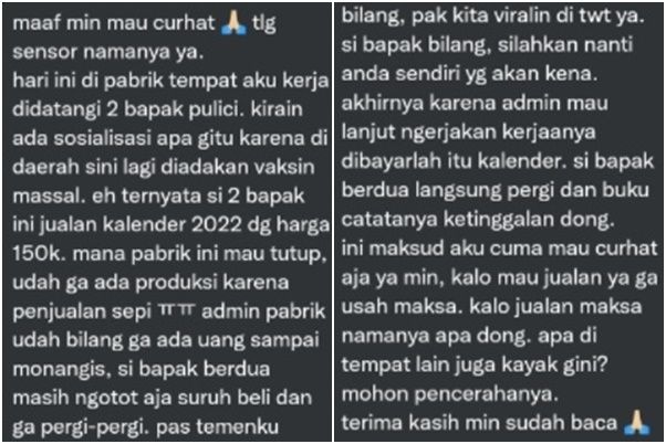 Viral Diduga Oknum Polisi Paksa Karyawan Pabrik Beli Kalender 2022. (Twitter/@txtdrberseragam)