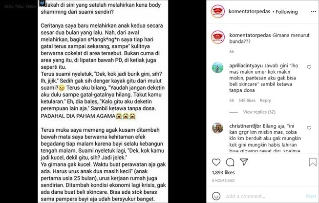 Curhat Sedih Istri yang Baru Melahirkan, Dibilang Burik dan Dekil sama Suami Sendiri. (Instagram/@komentatorpedas)