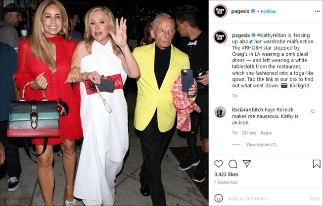 Aktris sekaligus sosialita, Kathy Hilton, pakai taplak meja saat keluar dari restoran. (Instagram/@pagesix)