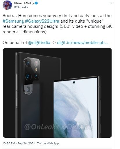 Bocoran Samsung Galaxy S22 Ultra. [Twitter]