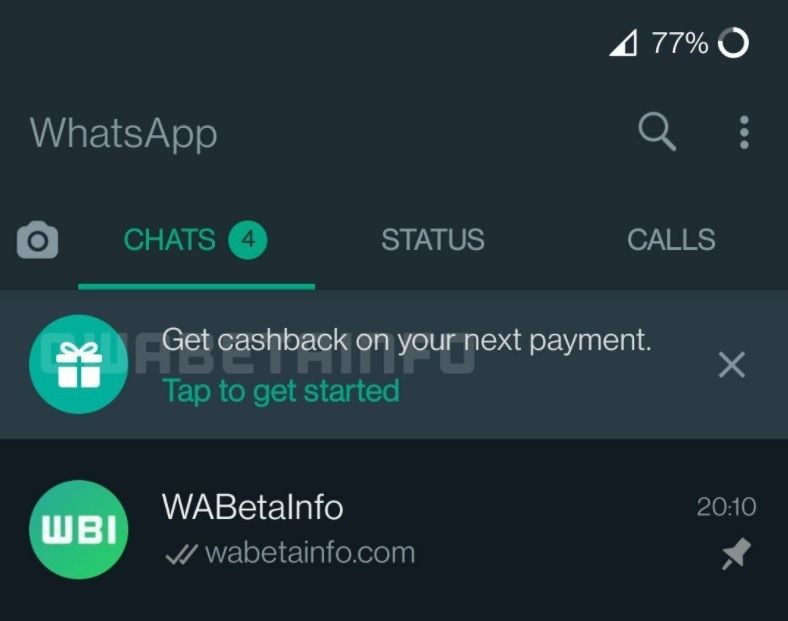 Fitur baru WhatsApp, Cashback. [WABetainfo]