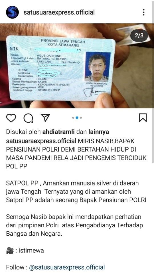 Manusia silver yang ditangkap satpol pp Kota Semarang ternyata adalah pensiunan Polisi. [Instagram/@satusuaraexspress]