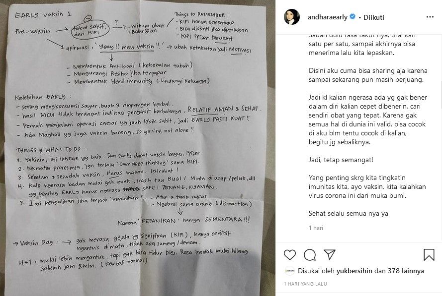 Andhara Early bikin coret-coretan untuk menguatkan dirinya menghadapi vaksin Covid-19. [Instagram]