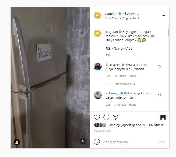Kulkas sebagai pintu (Instagram @dagelan)