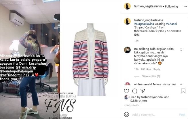 Nagita Slavina ketahuan memakai kardigan seharga Rp56 juta. (Instagram/@fashion_nagitaslavina)
