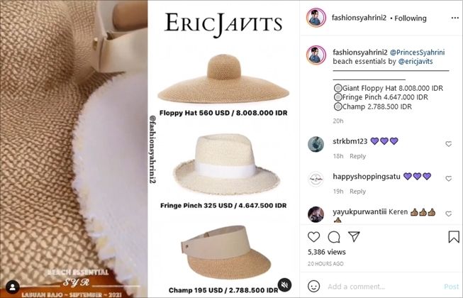 Koleksi topi yang dibawa oleh Syahrini saat liburan ke Labuan Bajo.(Instagram/@fashionsyahrini2)