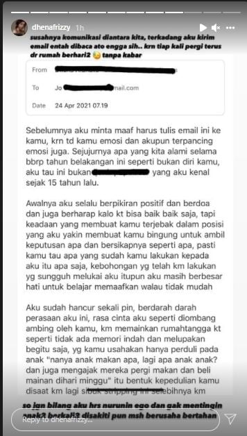 Isi email Dhena Devanka untuk Jonathan Frizzy (instagram.com)