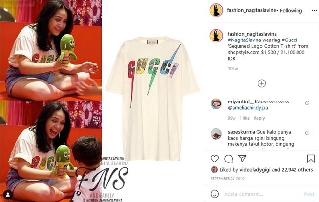 Kaos seharga Rp21 juta yang dipakai lagi oleh Nagita Slavina. (Instagram/@fashion_nagitaslavina)