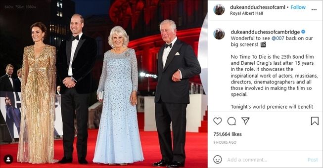 Anggota keluarga kerajaan Inggris di premier film "No Time To Die". (Instagram/@dukeandduchessofcambridge)