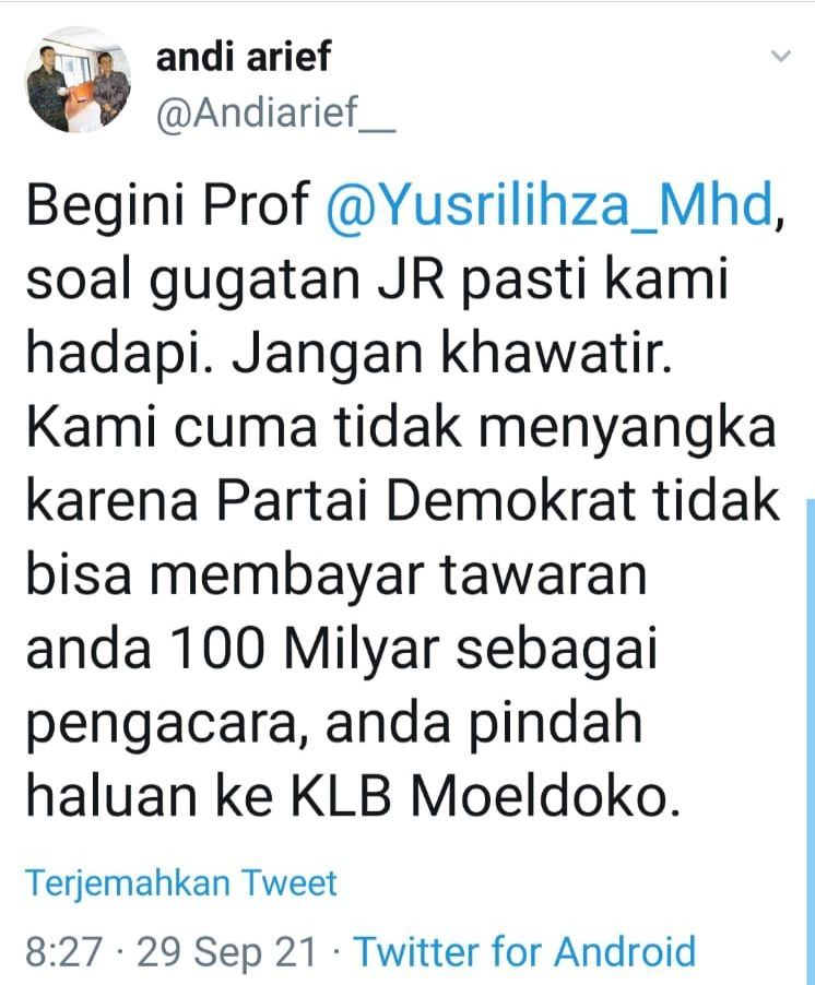 Ketua Bappilu DPP Partai Demokrat Andi Arief tuding Yusril membelot ke kubu Moeldoko karena Demokrat tak sanggup bayar Rp100 Miliar. (tangkap layar)